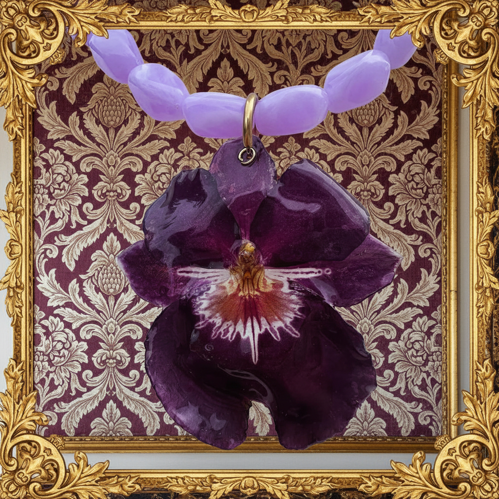 Detalle orquídea morada con fondo y marco estilo palacio